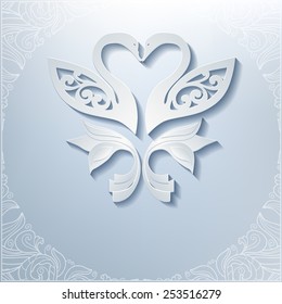 Wedding invitation with white swans and lacy frame. Swans cut from paper, 3d effect.