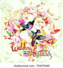 Wedding invitation with wild flowers, peony and raspberry breasted petroika birds around. This template can be used as other type of invitations and holidays. Vector - stock.