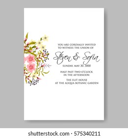Wedding invitation with wild roses and laurels. Bridal Shower Invitation floral template vector card
