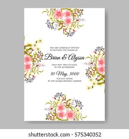 Wedding invitation with wild roses and laurels. Bridal Shower Invitation floral template vector card