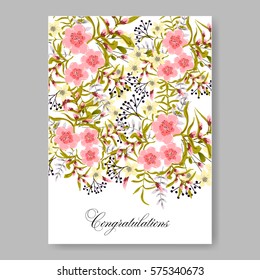 Wedding invitation with wild roses and laurels. Bridal Shower Invitation floral template vector card