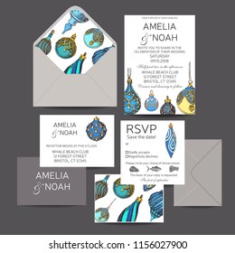 Wedding invitation for the winter ceremony. Christmas greeting card. Illustration for the New Year with fur-tree toys.