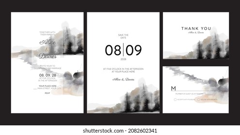 wedding invitation with winter landscape theme, watercolor technique