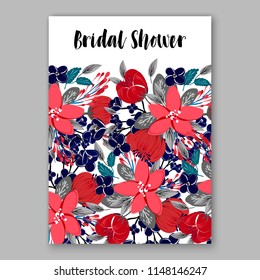 Wedding Invitation, winter red poinsettia floral template card Design garden Rose, Peony, Anemone eucalyptus, green leaves, greenery  Vector cute copy space