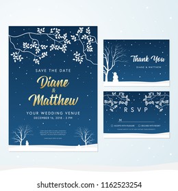 Wedding Invitation Winter Theme With White Leaves, Tree Branch With Leaves And Snowman