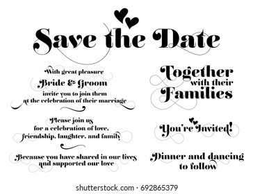 Wedding Invitation Wording. Vector Calligraphy with Swash and Two Hearts. Hand Drawn Lettering for Title, Heading, Photo Overlay, Wedding Invitation. Isolated on White.