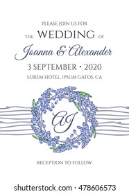 Wedding invitation with wreath of blooming flowers. Hand drawn monogram background with muscari in a simple design