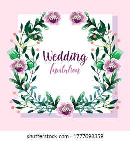 wedding invitation, wreath with flowers and leaves floral template vector illustration