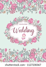 Wedding invitation. Wreath of pink flowers, green leaves, buds. In the center of the composition box with wedding rings. Vector illustration with space for text.