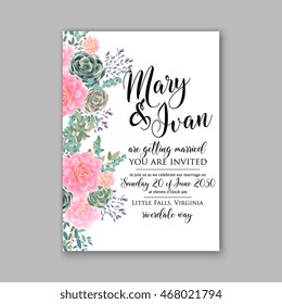 Wedding invitation with wreath of rose, peony and succulent
