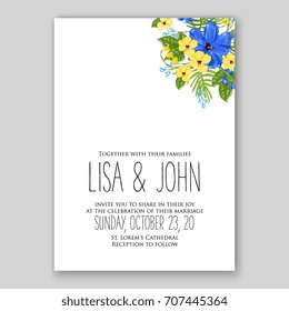 Wedding invitation with wreath of tropical flowers of hibiscus, rose and palm leaves