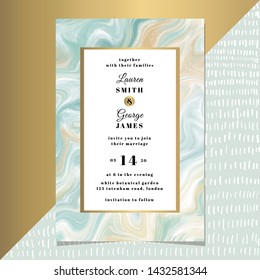 wedding invitation with yellow blue marble background