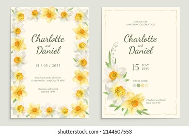 Wedding invitation with yellow daffodils, template, vector illustration