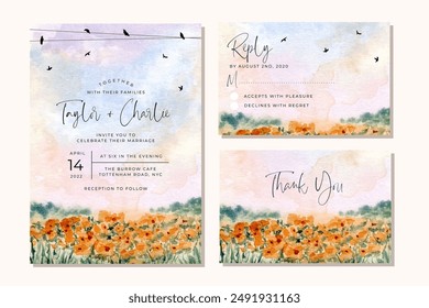 wedding invitation with yellow floral garden landscape watercolor