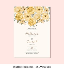 wedding invitation with yellow floral watercolor bouquet header