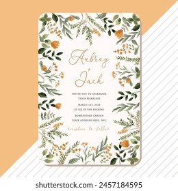 wedding invitation with yellow green floral watercolor frame