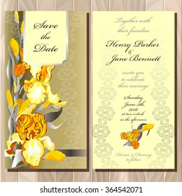 Wedding invitation with yellow, orange, golden iris flower bouquet background. Golden yellow iris hand drawn vector illustration. Printable vertical wedding card design background. Save the date text.
