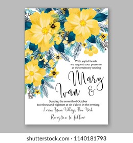 Wedding Invitation Yellow Sunflower Chrysanthemum peony green eucalyptus floral vector card template summer