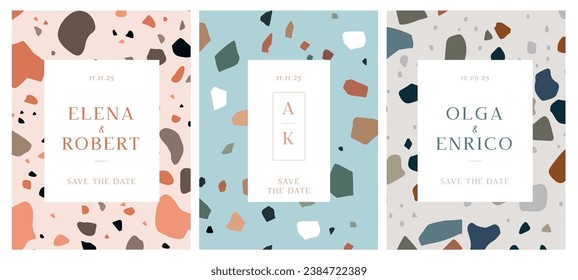 Wedding invitational cards in terrazzo design. Save date luxury flyers. Granite stone covering decor. Holiday celebration. Newlyweds names. Marriage ceremony invite