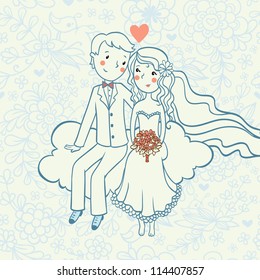 Wedding invitation.Background with a boy and a girl sitting on a cloud.