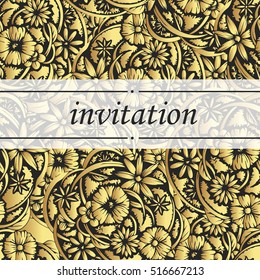 Wedding invitation,birthday, holiday, Ornament gold flowers.