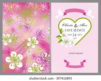 Wedding invitation.Cherry flowers,abstract lines,heart label.Vector card template for Save The Date,baby shower,mothers day,valentines day,birthday card, invitations.Floral pattern.Spring illustration