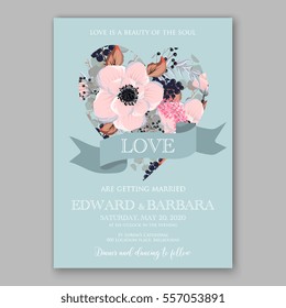 Wedding Invitations with anemone flowers. Anemone Bridal Shower invitation cards in light gray and  blue theme