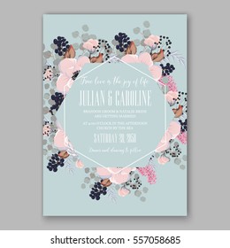 Wedding Invitations with anemone flowers. Anemone Bridal Shower invitation cards in light gray and  blue theme