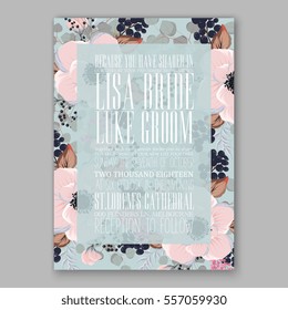 Wedding Invitations with anemone flowers. Anemone Bridal Shower invitation cards in light gray and  blue theme