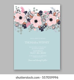 Wedding Invitations with anemone flowers. Anemone Bridal Shower invitation cards in light gray and  blue theme