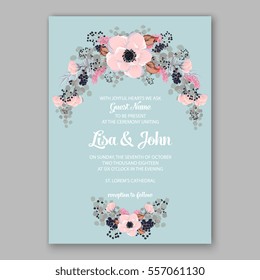 Wedding Invitations with anemone flowers. Anemone Bridal Shower invitation cards in light gray and  blue theme