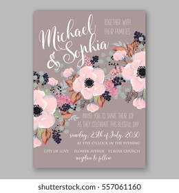 Wedding Invitations with anemone flowers. Anemone Bridal Shower invitation cards in light gray and  blue theme