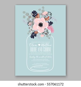 Wedding Invitations with anemone flowers. Anemone Bridal Shower invitation cards in light gray and  blue theme