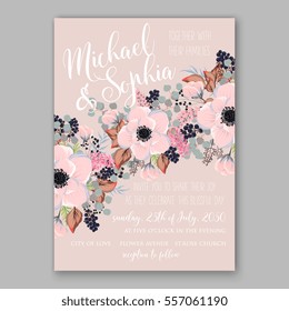 Wedding Invitations with anemone flowers. Anemone Bridal Shower invitation cards in light gray and  blue theme
