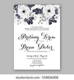 Wedding Invitations with anemone flowers. Anemone Bridal Shower invitation cards in light gray and  blue theme
