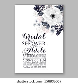 Wedding Invitations with anemone flowers. Anemone Bridal Shower invitation cards in light gray and  blue theme