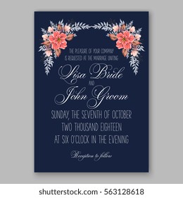 Wedding Invitations with anemone flowers. Anemone Bridal Shower invitation cards in navy blue theme with red peony