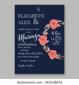 Wedding Invitations with anemone flowers. Anemone Bridal Shower invitation cards in navy blue theme with red peony