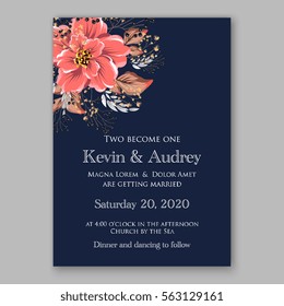 Wedding Invitations with anemone flowers. Anemone Bridal Shower invitation cards in navy blue theme with red peony