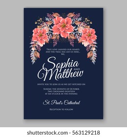 Wedding Invitations with anemone flowers. Anemone Bridal Shower invitation cards in navy blue theme with red peony