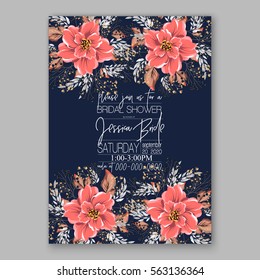 Wedding Invitations with anemone flowers. Anemone Bridal Shower invitation cards in navy blue theme with red peony