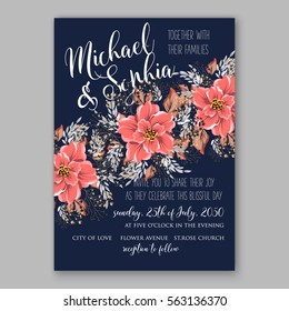Wedding Invitations with anemone flowers. Anemone Bridal Shower invitation cards in navy blue theme with red peony