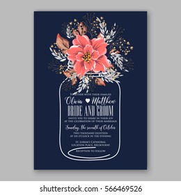 Wedding Invitations with anemone flowers. Anemone Bridal Shower invitation cards in navy blue theme with red peony