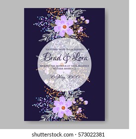 Wedding Invitations with anemone flowers. Anemone Bridal Shower invitation cards in navy blue theme with red peony