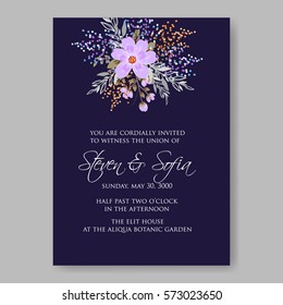 Wedding Invitations with anemone flowers. Anemone Bridal Shower invitation cards in navy blue theme with red peony