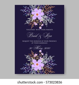 Wedding Invitations with anemone flowers. Anemone Bridal Shower invitation cards in navy blue theme with red peony