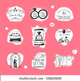 Wedding Invitations badges And Icons - Set - Isolated On Pink Background. Vector Illustration, Graphic Design