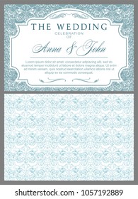 Wedding invitations in Baroque style light blue and white. Vintage, Rococo, damask patterns with leaves, floral elements.