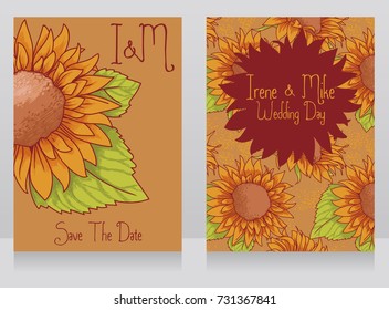 wedding invitations with beautiful sunflowers, vector illustration in hand drawn style