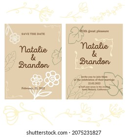 Wedding invitations in beige, brown and white, decorated with hand-drawn floral elements, size 20.5x15.5